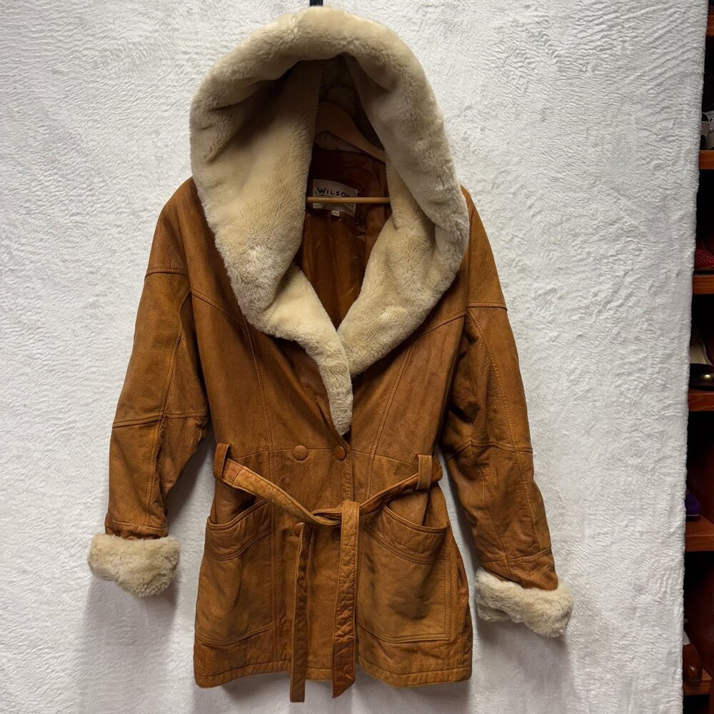 Wilsons Leather Experts Penny Lane Jacket Womens Medium Brown Hood Faux Fur Trim
